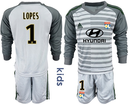 Lyon #1 Lopes Grey Goalkeeper Long Sleeves Kid Soccer Club Jersey